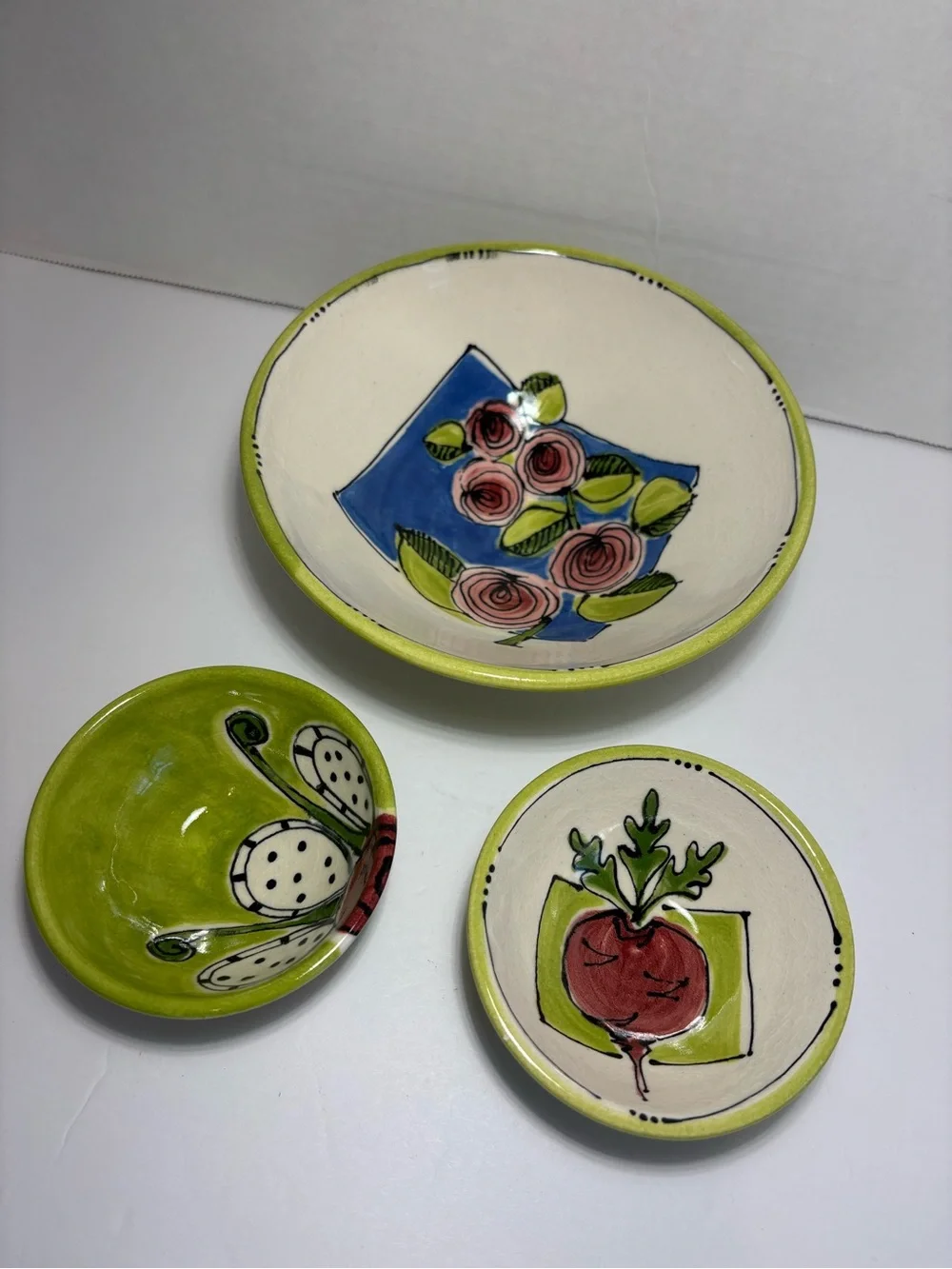 Serving Bowls Artist Signed Colorful Hand Painted Set Of 3 Ceramic Floral